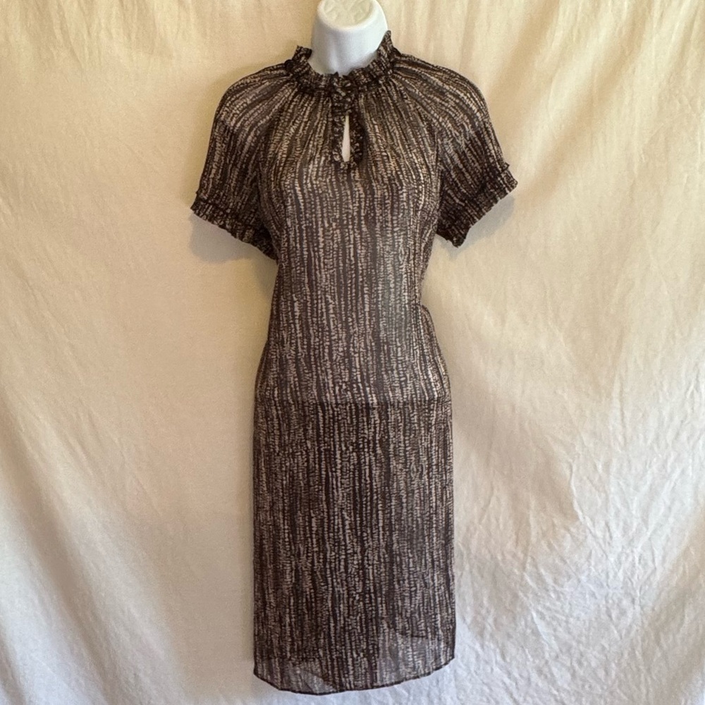 E-127 Mossimo Brown & Cream Ruffle Short Sleeve MIDI Dress Size S
